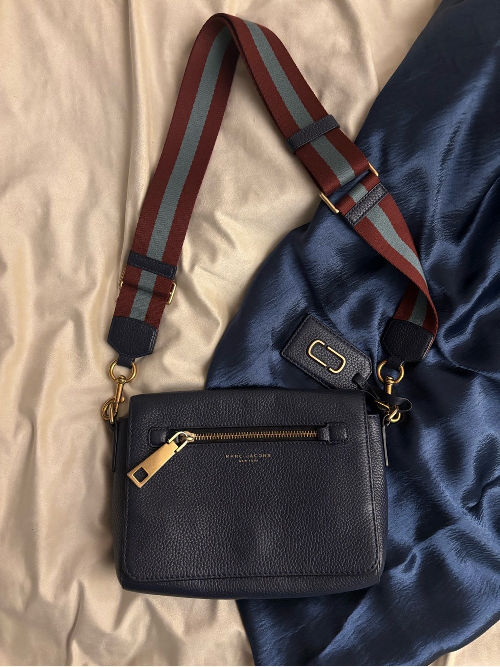 Marc Jacobs Navy Leather Crossbody with Red-Brown & Gray Striped Strap, Gotham